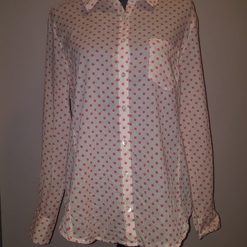 Caslon Polka Dot Button Down Ivory Pink Sz M